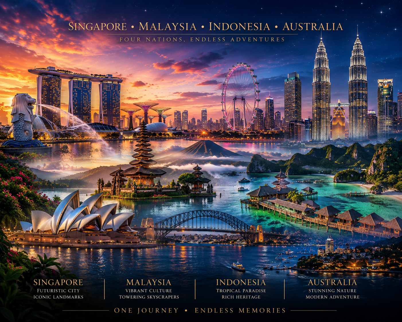Singapore • Kuala Lumpur • Bali • Darwin • Townsville • Airlie Beach • Brisbane • Sydney, Singapore • Malaysia • Indonesia • Australia